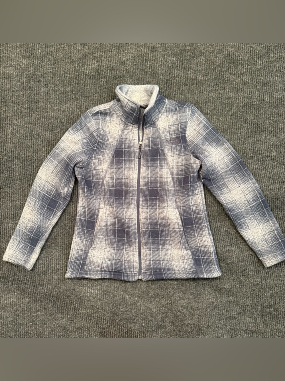 The North Face Women's Plaid Fleece Jacket Sz L Blue Gray Full Zip